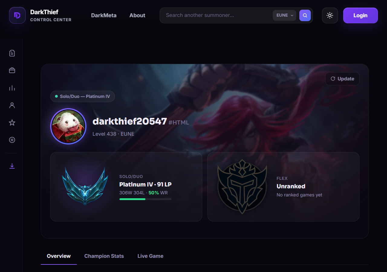 A real DarkMeta summoner profile with live match history
